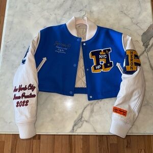 Heron Preston Blue and Cream Varsity Jacket